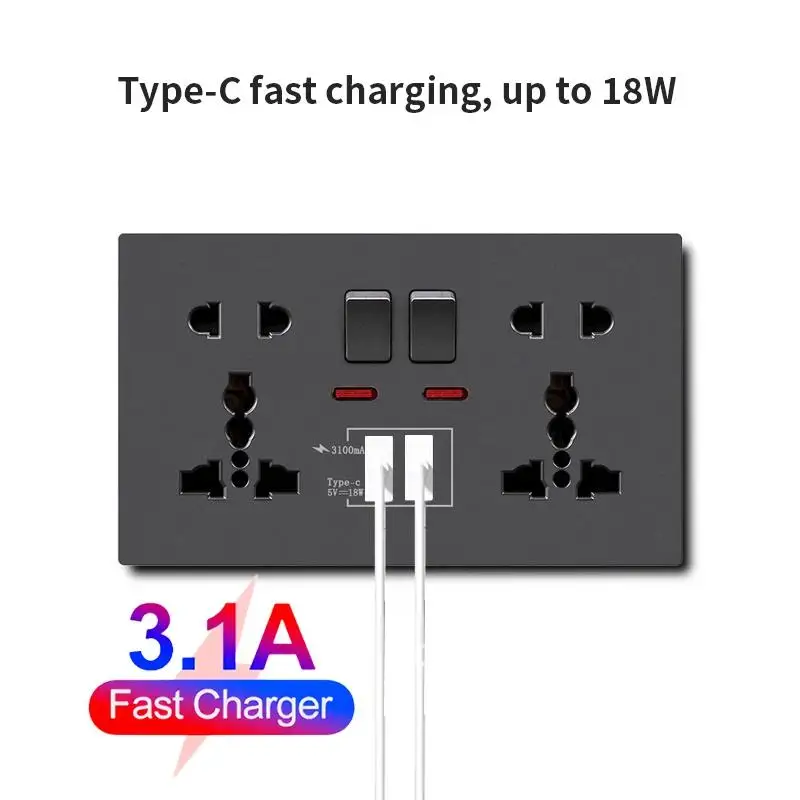 18W Fast Type C Wall 220V Power Outlet 3.1A Smart with Switch Plug Adapter Socket Charging Double Electrical Socket Universal