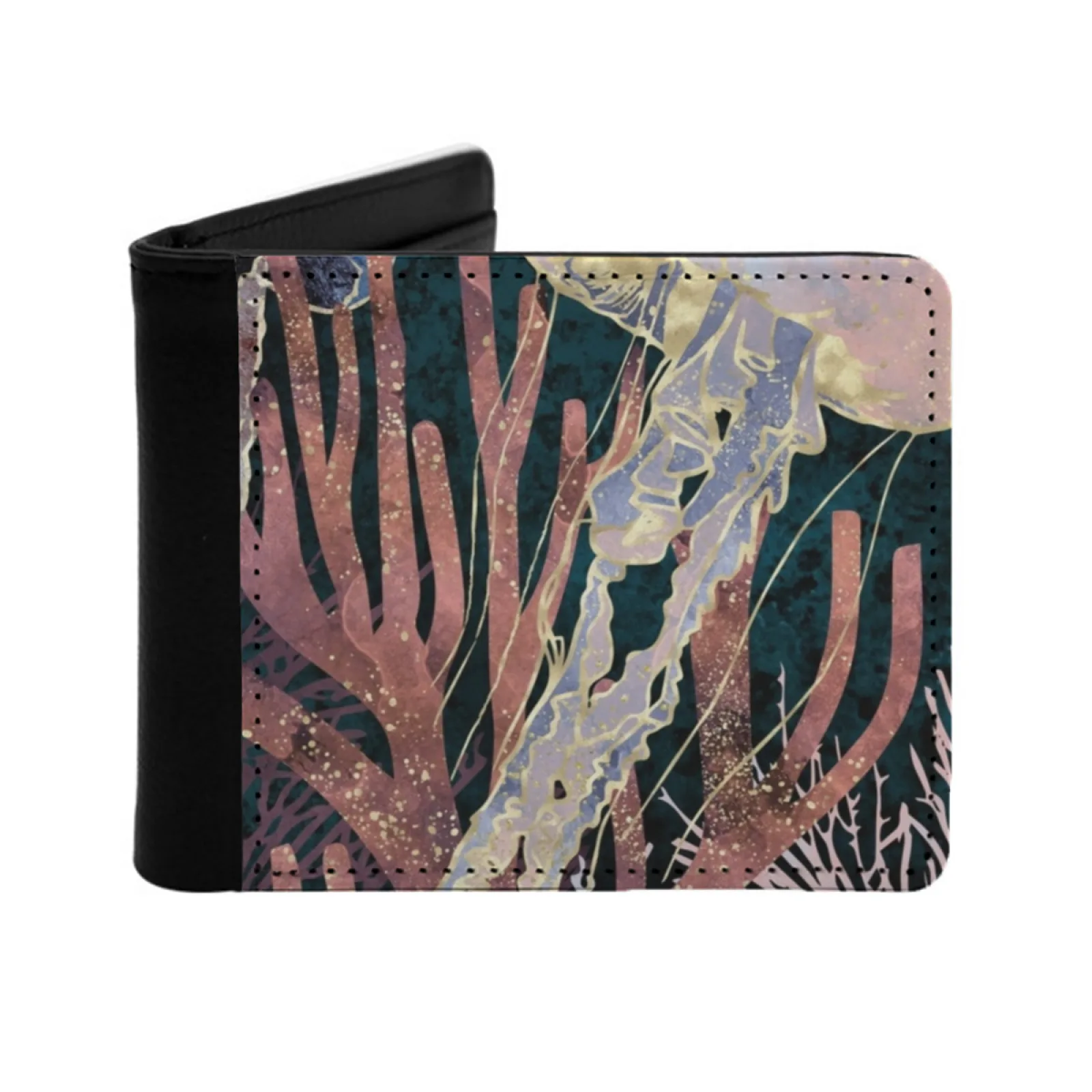 Coral Personalized Men's Leather Wallet Credit Card Pouch Purse Coral Ocean Sea Jellyfish Aquatic Marine Nature Abstract