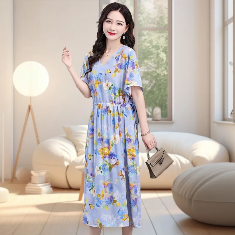 Cotton Silk Floral Dress Women's New Summer Temperament V-neck Waist Slimming Large Size Rayon Cotton Long Skirt Cool Nightgowns