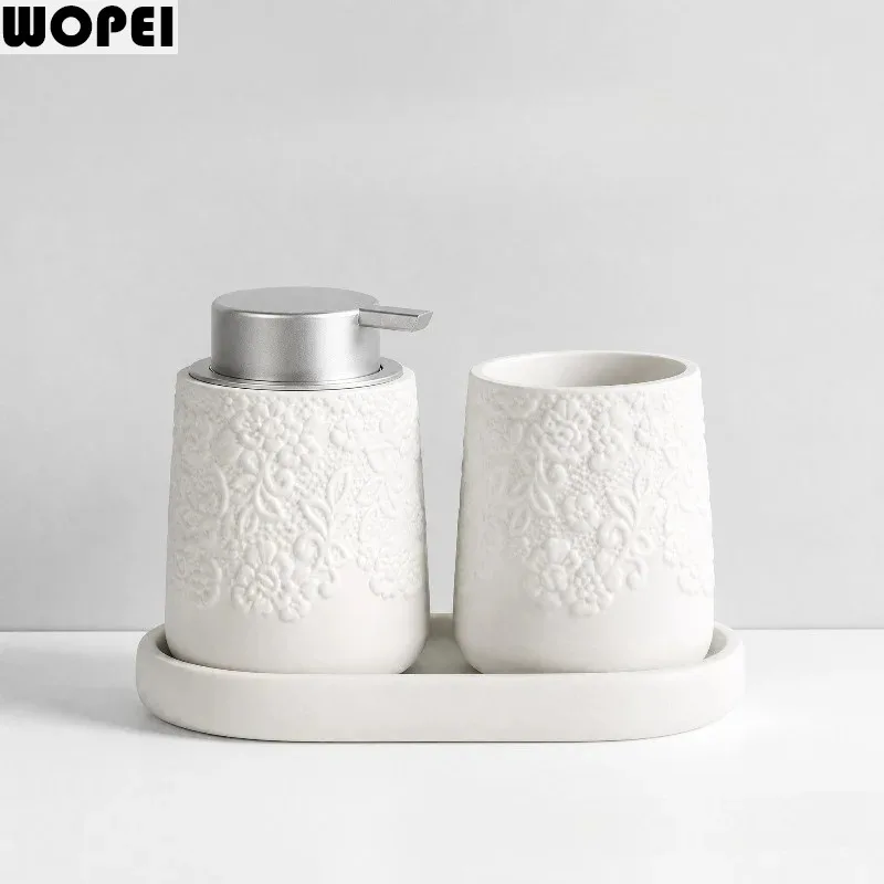 White Bathroom Wash Set Ceramic Bathroom 3-piece Set Hand Sanitizer Bottle Lotion Bottle Toothbrush Cup Storage Tray Toiletries