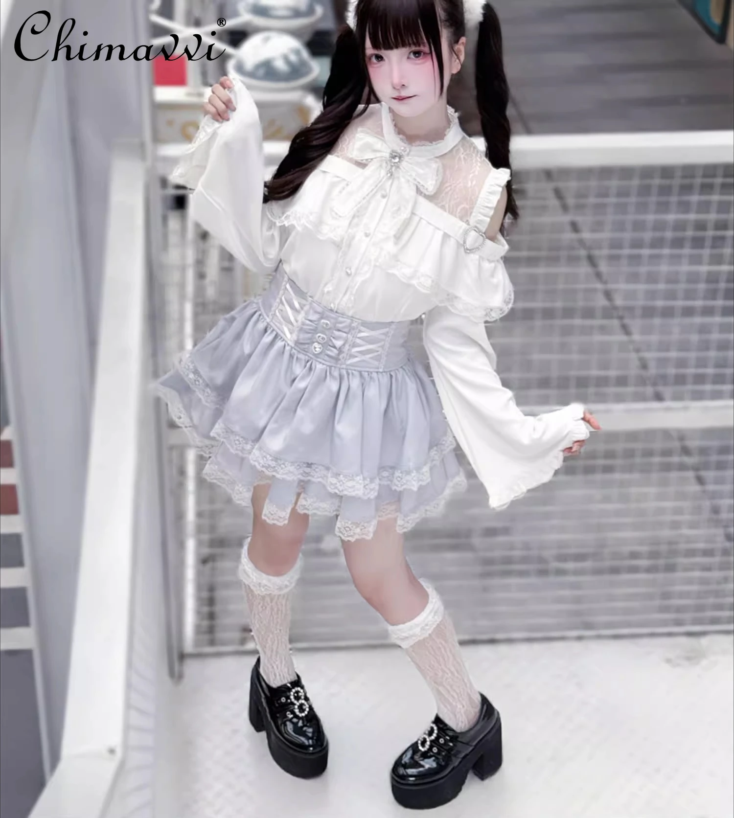 

Japanese Mine Series Mass-Produced Cute Bow Lace Long-Sleeve Shirt High-Waisted Black Skirt Sweet Girl Lolita Women Outfit