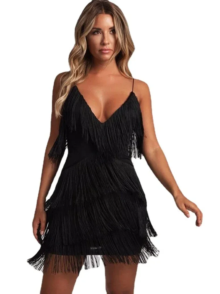 

Women Sexy Deep V-Neck Spaghetti Straps Fringe Bodycon Mini Dress Tassels 1920s Gatsby Cocktail Latin Club Party Dresses