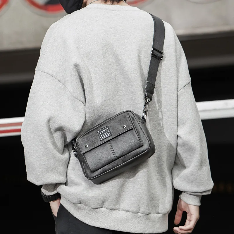 PU leather men's square single-shoulder bag, multi-pocket large-capacity commuter messenger bag, travel crossbody backpack
