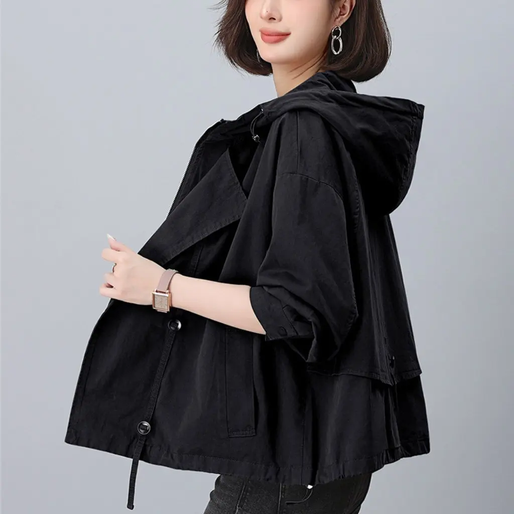 

Women's Short Hooded Coat Spring Autumn Fashion Loose Casual Top for Middle-aged Mothers Age-reducing Style