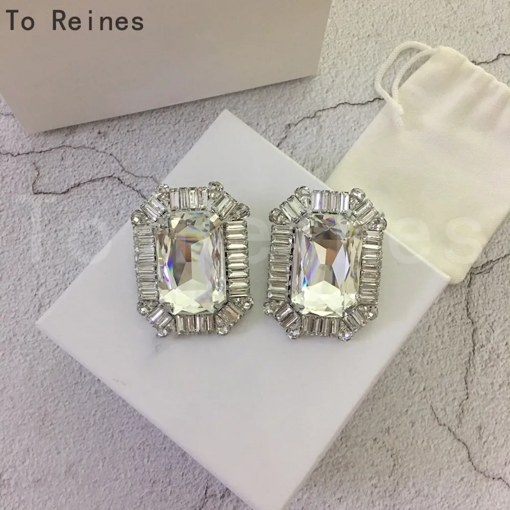 To Renies Elegant Geometric Big Zircon Clip Earrings French Simple Square Ear Clips For Women Fashion Wedding Party Jewelry