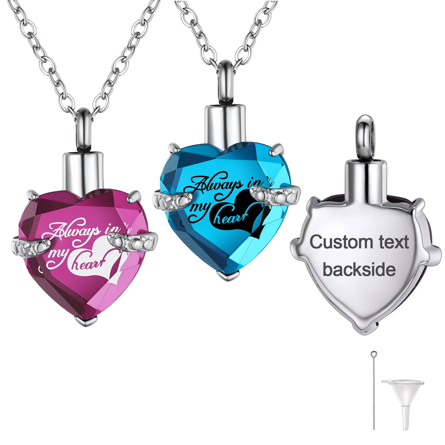 

U7 Custom Heart Urn Necklace Locket for Ashes Purple Blue Glass Always in My Heart Stainless Steel Cremation Jewelry Gift