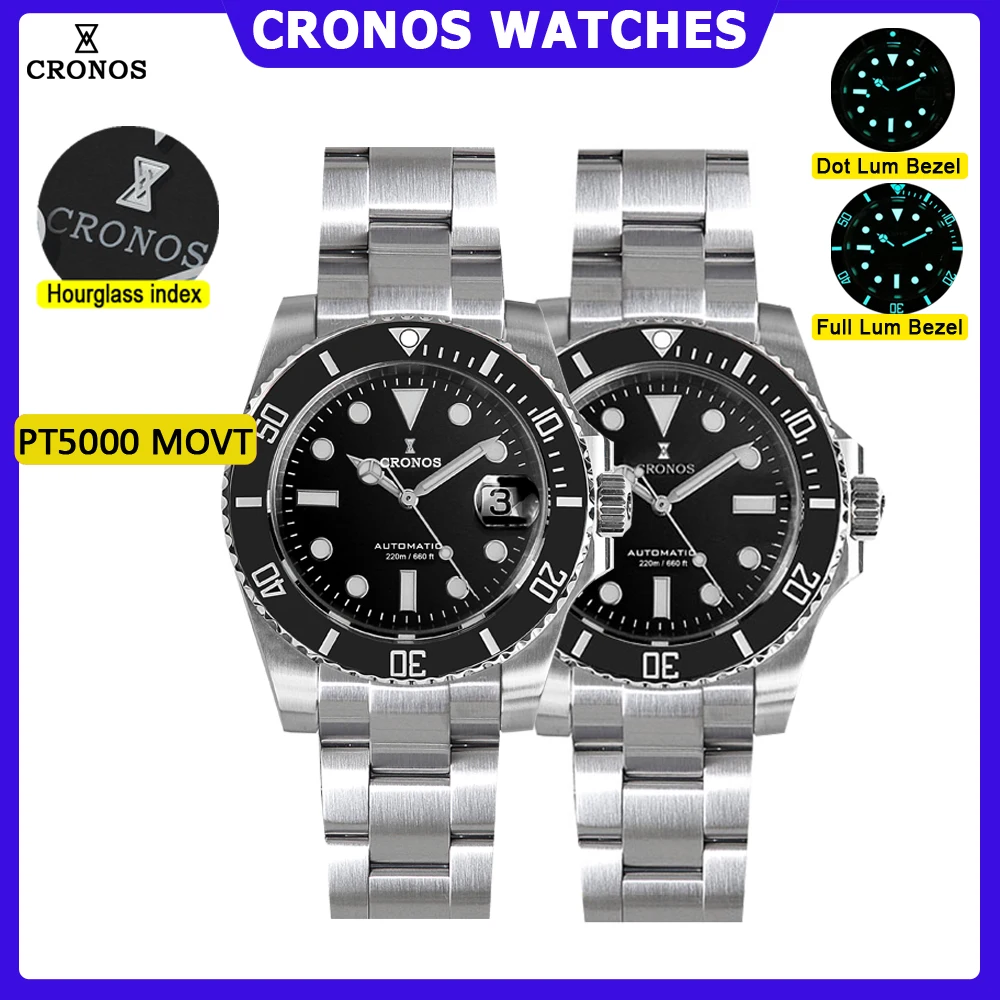 Cronos Sub Diver Herrenuhr PT5000 ohne Datum, gebürstetes Armband, Keramiklünette, 200 m wasserdicht