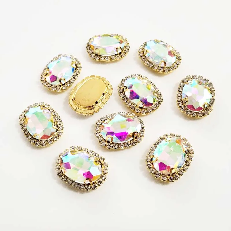 Golden Bottom AB Color Glass Crystal Rhinestones, Oval Shape Buckle, Used for Needlework, Diy/Clothing/Sewing Accessories