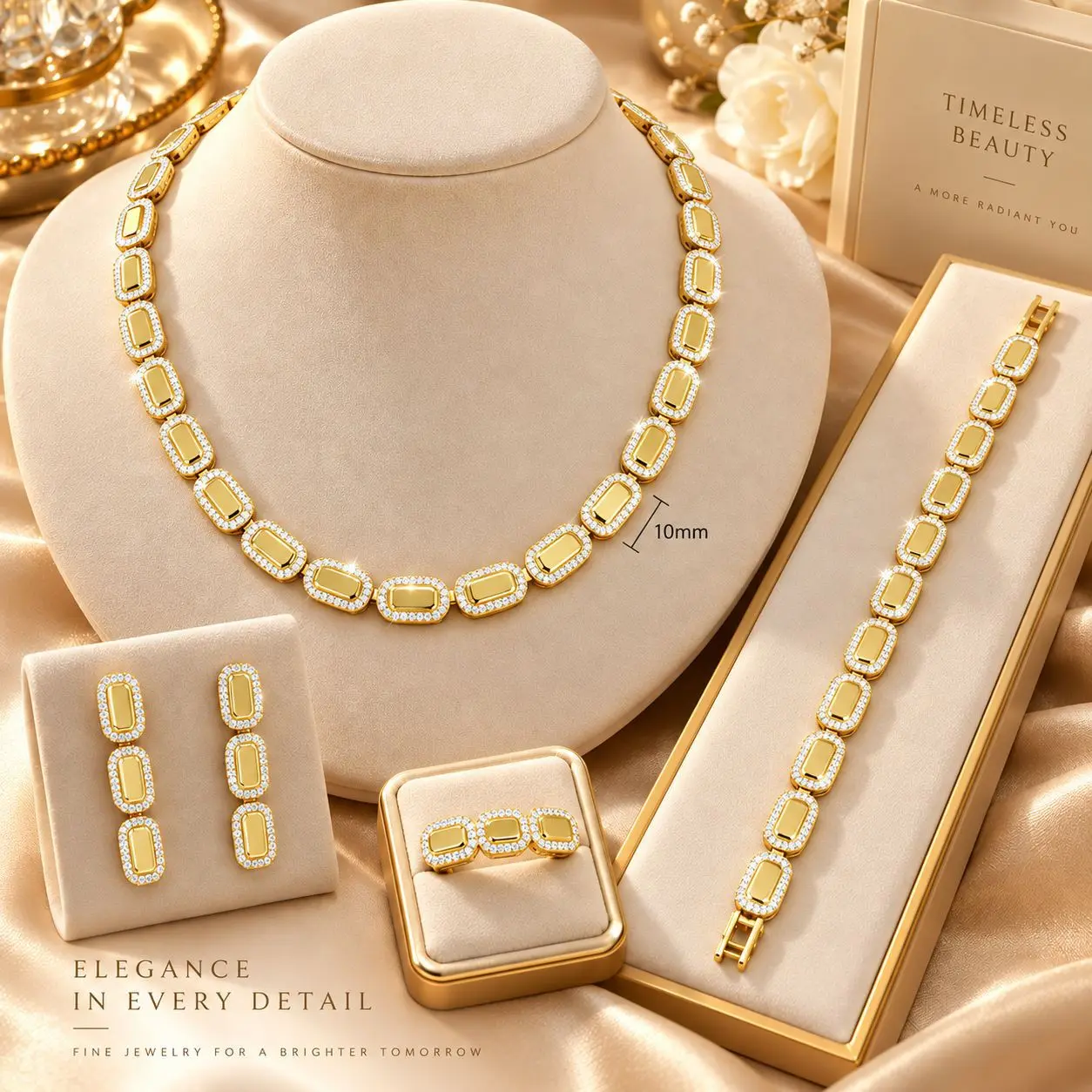 Luxury Geometric Cube-Shaped Zircon Jewelry Set for Women - European And American Style High-End Necklace Earrings Bracelet