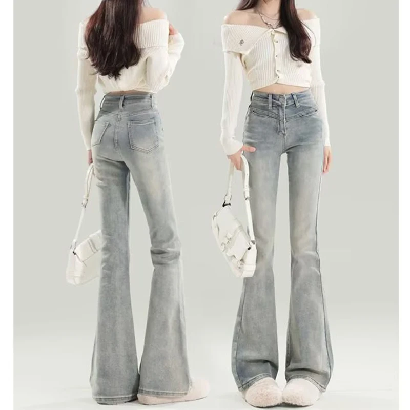 Hot Sale Girls Solid Color Flared Jeans Lady Korean Blue Thin High Waist Stretch Trousers Women Slim Fit Denim Pants