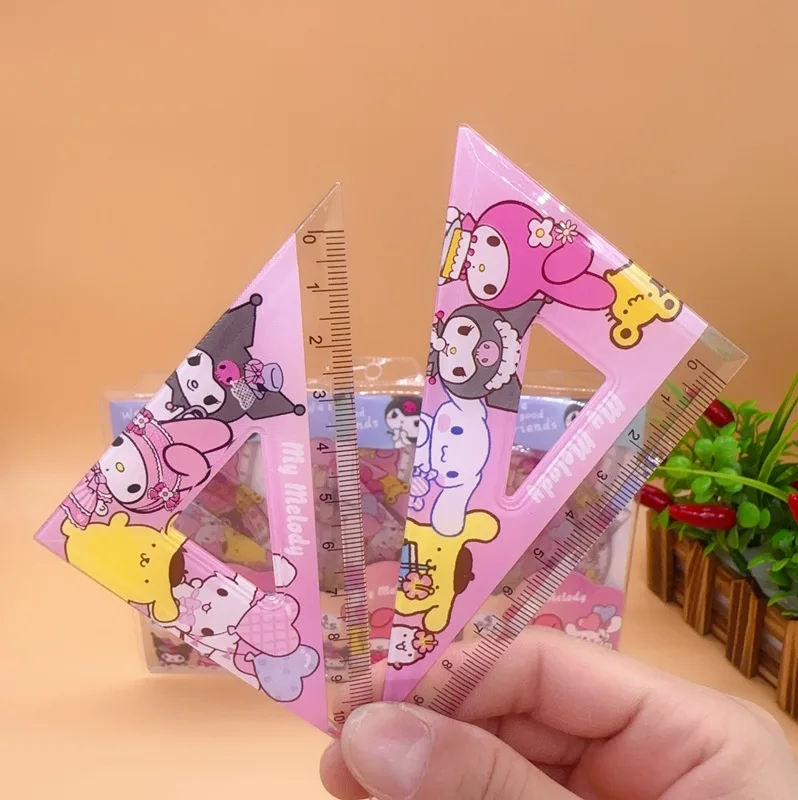 Cartoon Sanrio Student Ruler 4 Piece Set Kawaii My Melody Kuromi Triangular Plate Protractor Measuring Ruler Stationery Set Gift