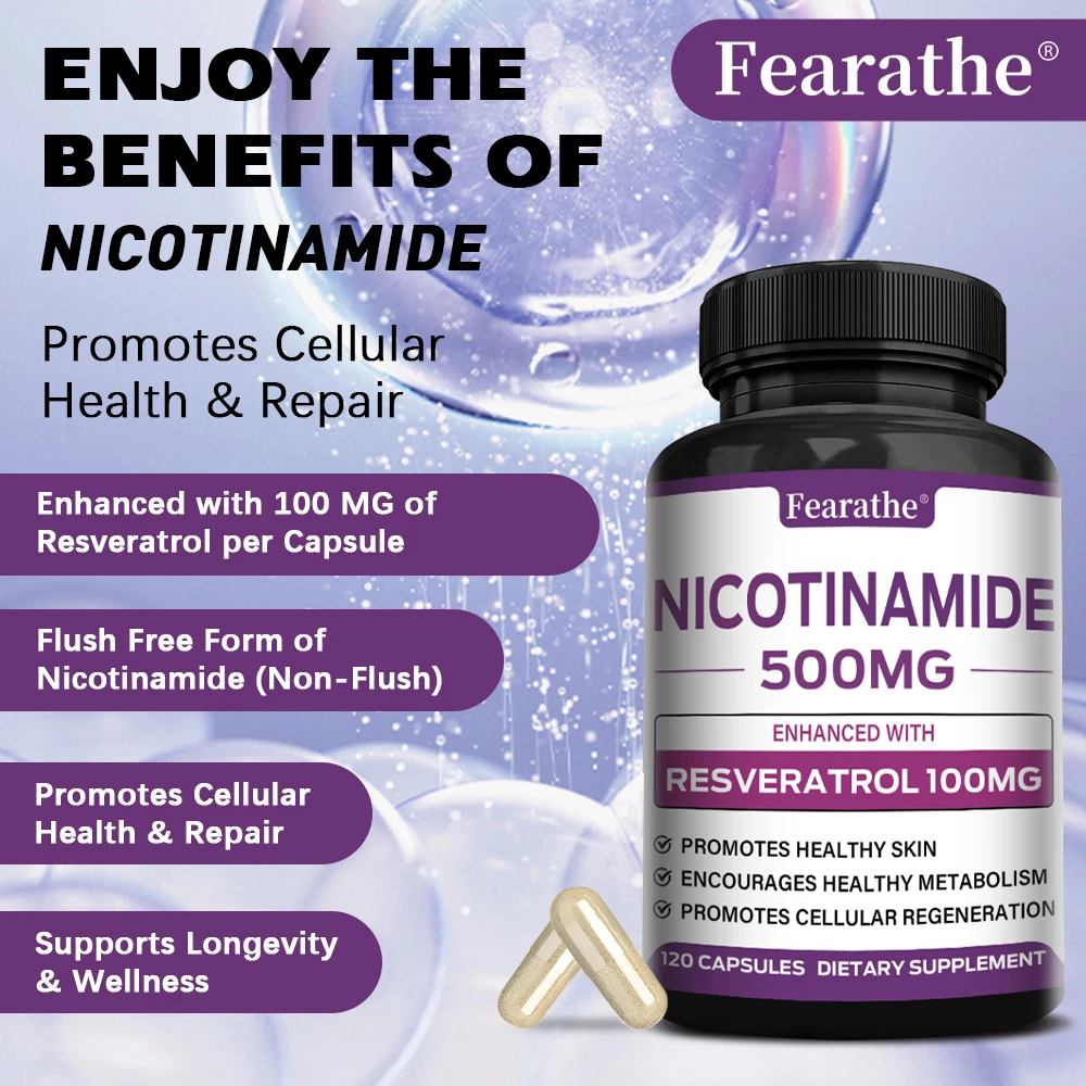 Niacinamide Capsules 500mg with Resveratrol, Support NAD Level, Skin Cell Health, Metabolism, Brain, Heart & Immune Wellness