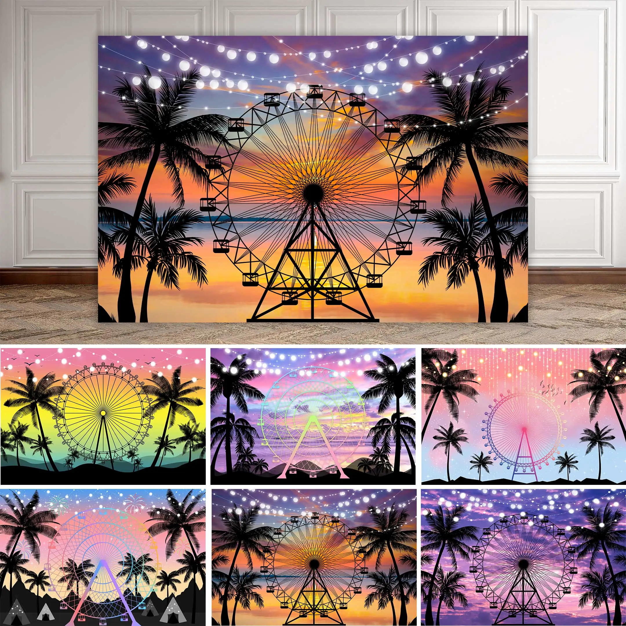 

Sunset Summer Party Backdrop Beach Sea Photography Adult Child Background Props Ferris Wheel Camping Kids Baby Photo Studio