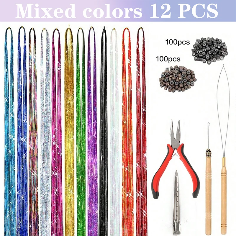 Extensions de cheveux ultraviolets colorés, bandes de fil d'or, extensions étincelantes, cheveux tressés, perruques synthétiques pour une utilisation en fête