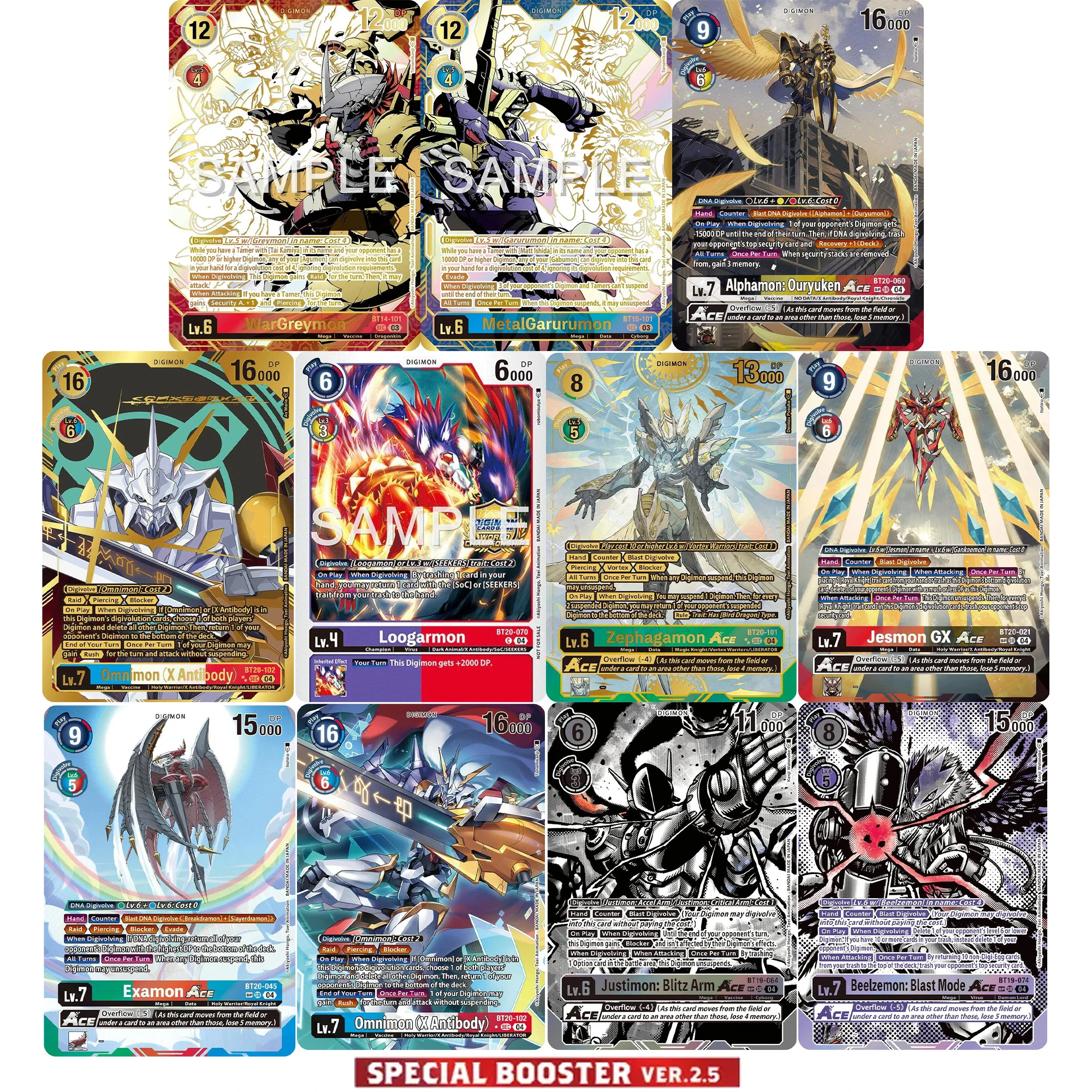 Digimon Card Game (BT-20) OVER THE X Special Booster 2.5 Tarjetas de Réplica Texturizadas con Acabado Foil de Omegamon, Alphamon, Zephagamon y Examon