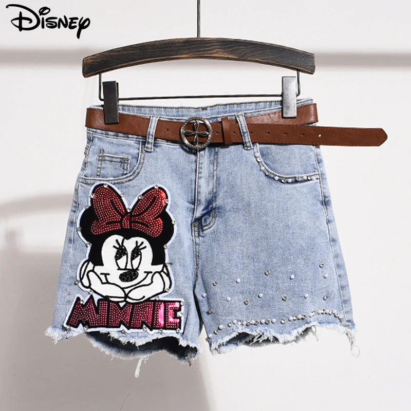 

Disney New Arrival Top Fashion Cotton Women Embroidery Beading Mickey Mouse Female Summer Big Irregular Flash High Waist Short