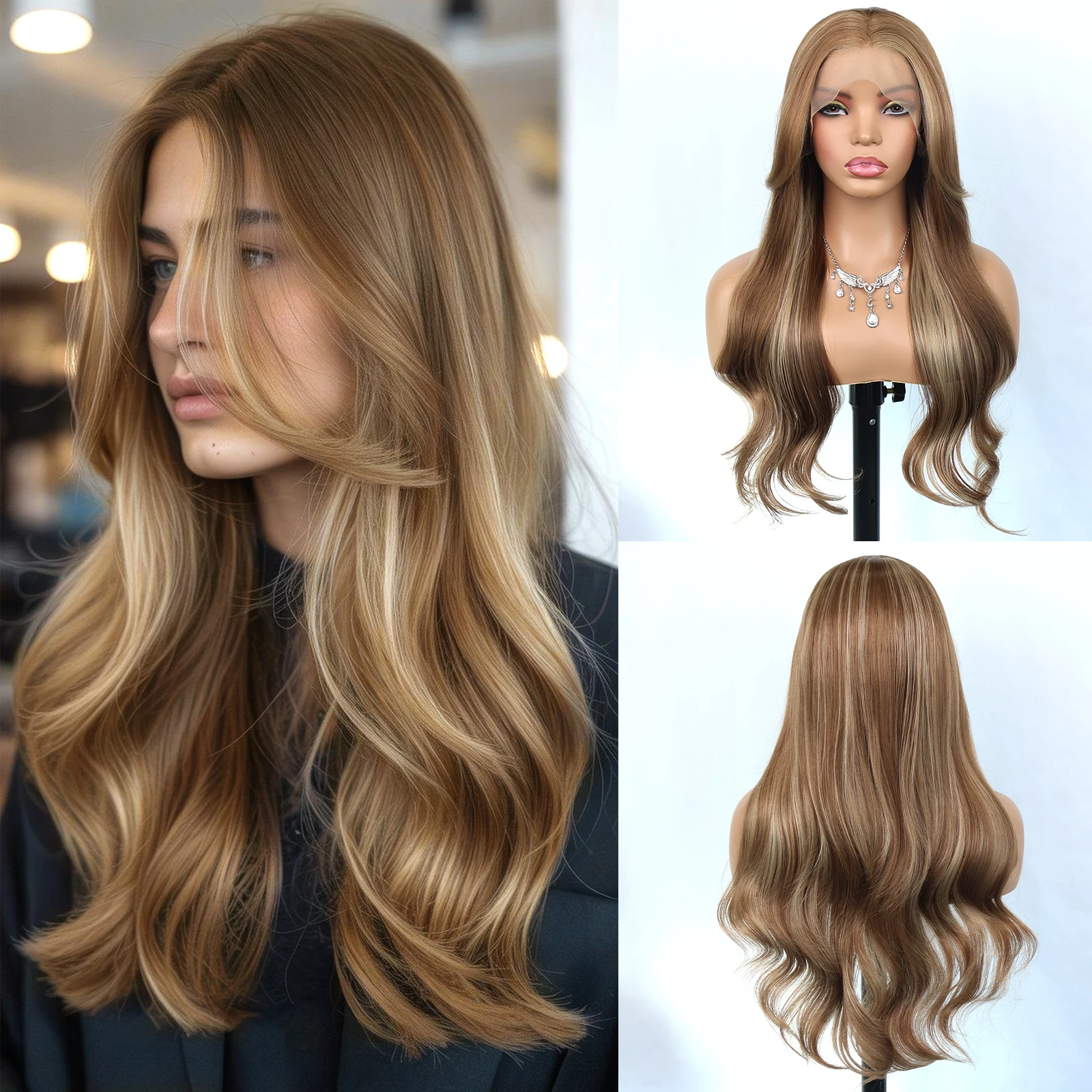 

Синтетический парик Aubree с кружевной передней частью, 26 дюймов, с челкой, для женщин, для повседневного использования, длинный, волнистый, коричневый с блондом, без клея, термостойкий