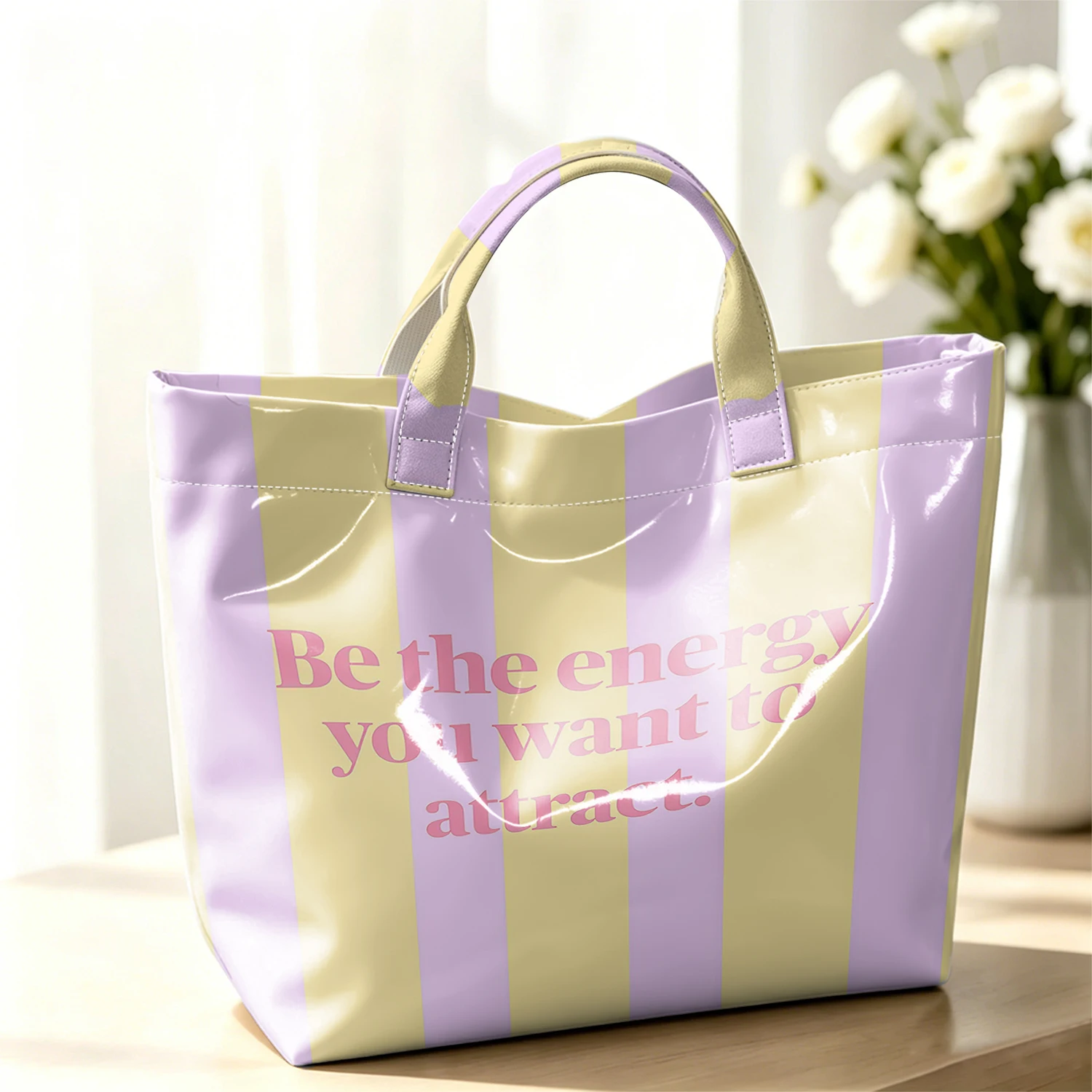 Pastel Positive Text Stripe Hot Sale Large Glossy PVC Tote Bag Hand Washable Waterproof for Commute Makeup Storage Handbags
