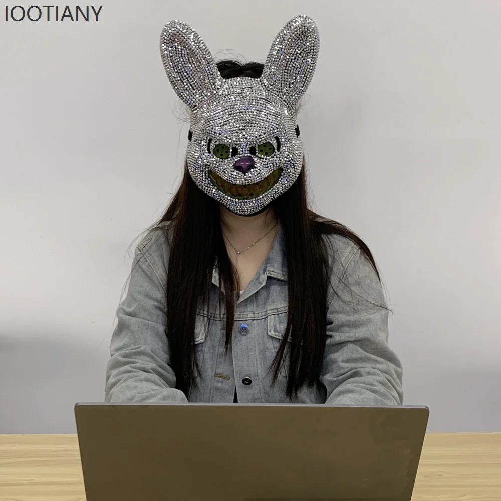 CosplayNew gris sangre conejito hecho a mano máscara de diamantes de imitación Cosplay calavera carnaval club nocturno Hip-hop baile callejero salón Owen máscara de fiesta