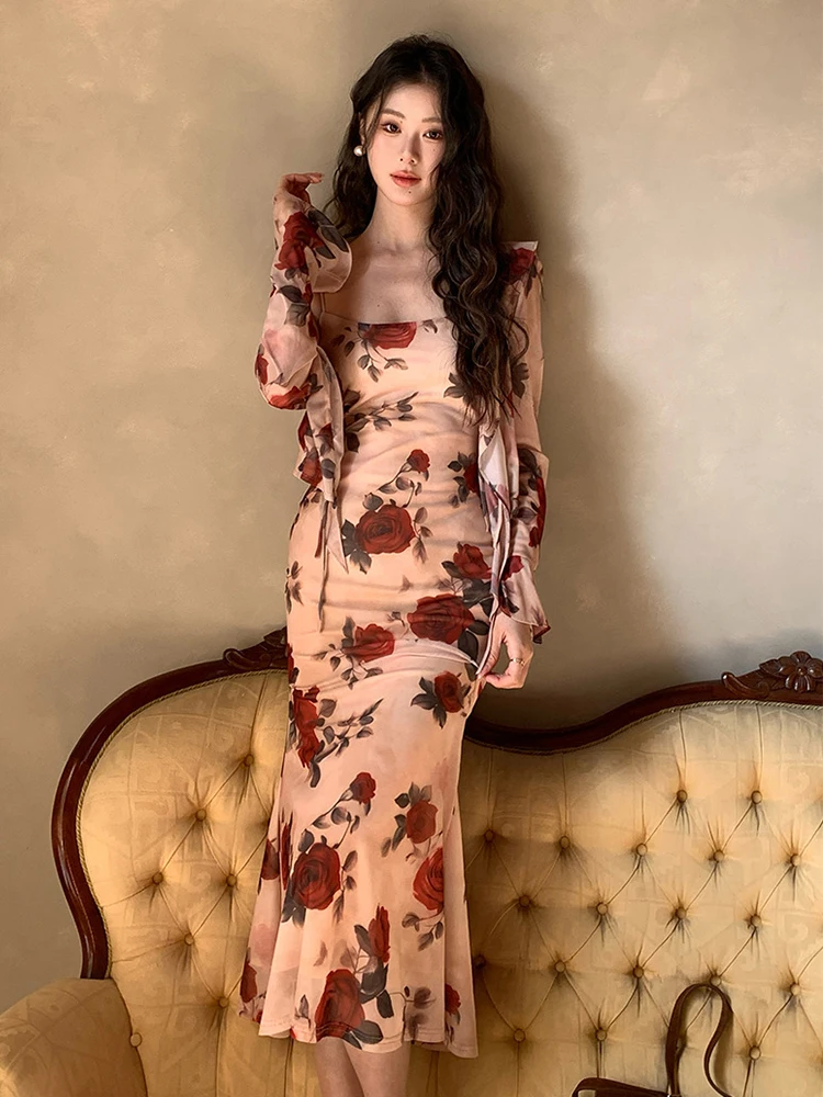 Women Vacation Clothes Sweet Floral Print 2 Piece Outfit Sexy Sling Slim Dress And Ruffled Tops Coat Set Suits Casual Autumn New