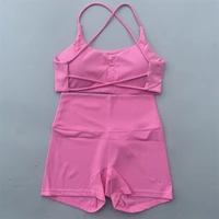 Yoga Shorts Set Gym Two Piece Sports Set Women Workout Outfit Fitness Suit Cross Straps Bra High Waist Shorts Running Tracksuit - Image 6
