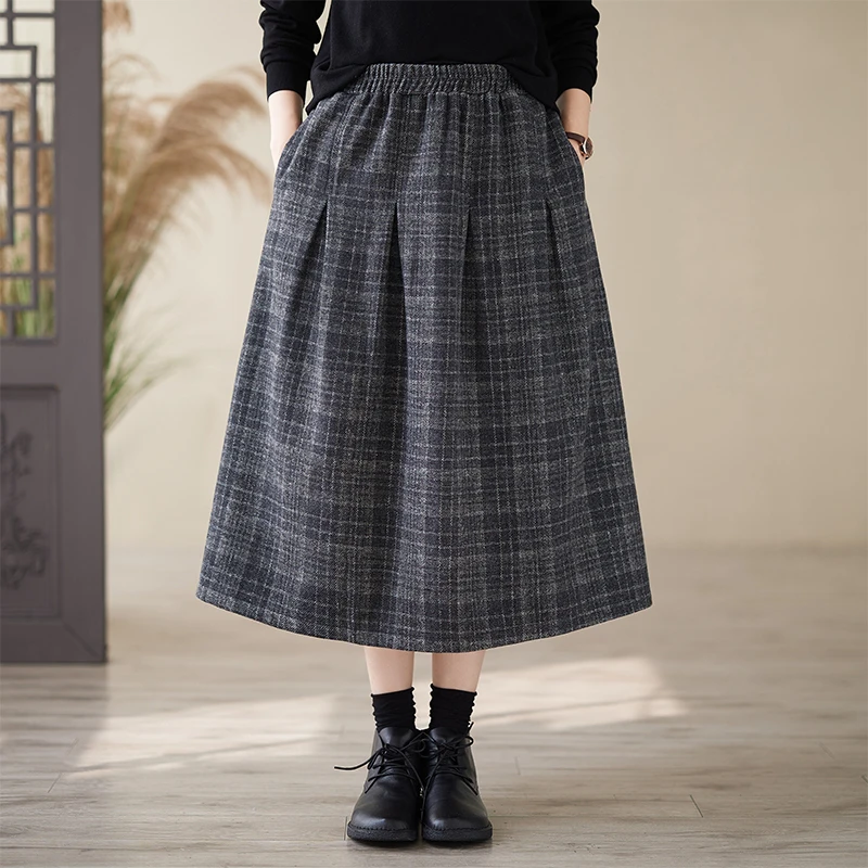 Warm Plaid Skirt Women's Autumn Winter Heavy Work Half-length Midi Dressing Style Commute High Waist A-line Long Skirt