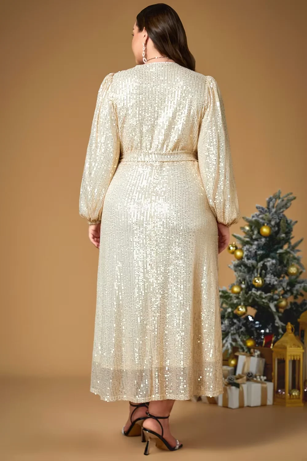 Plus Size V-Ausschnitt, Laternenärmel, glitzernde Pailletten, Party-Abend-Abschlussballkleid, 2024, neue Damen-Luxus-elegante formelle lange Maxikleider