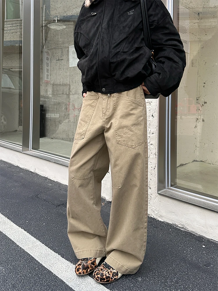 

URKR Ретро-брюки цвета хаки для женщин: свободные, прямые, драпированные, широкие, в стиле рабочей одежды, сексуальные, длинные