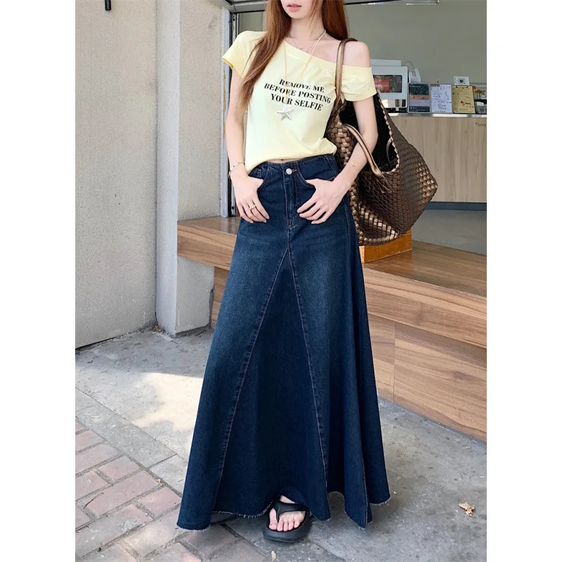 Women's Dark Blue High Waist Denim Maxi Skirt Asymmetric Panel Flared A-line Skirt Harajuku Vintage Casual Streetwear Skirts