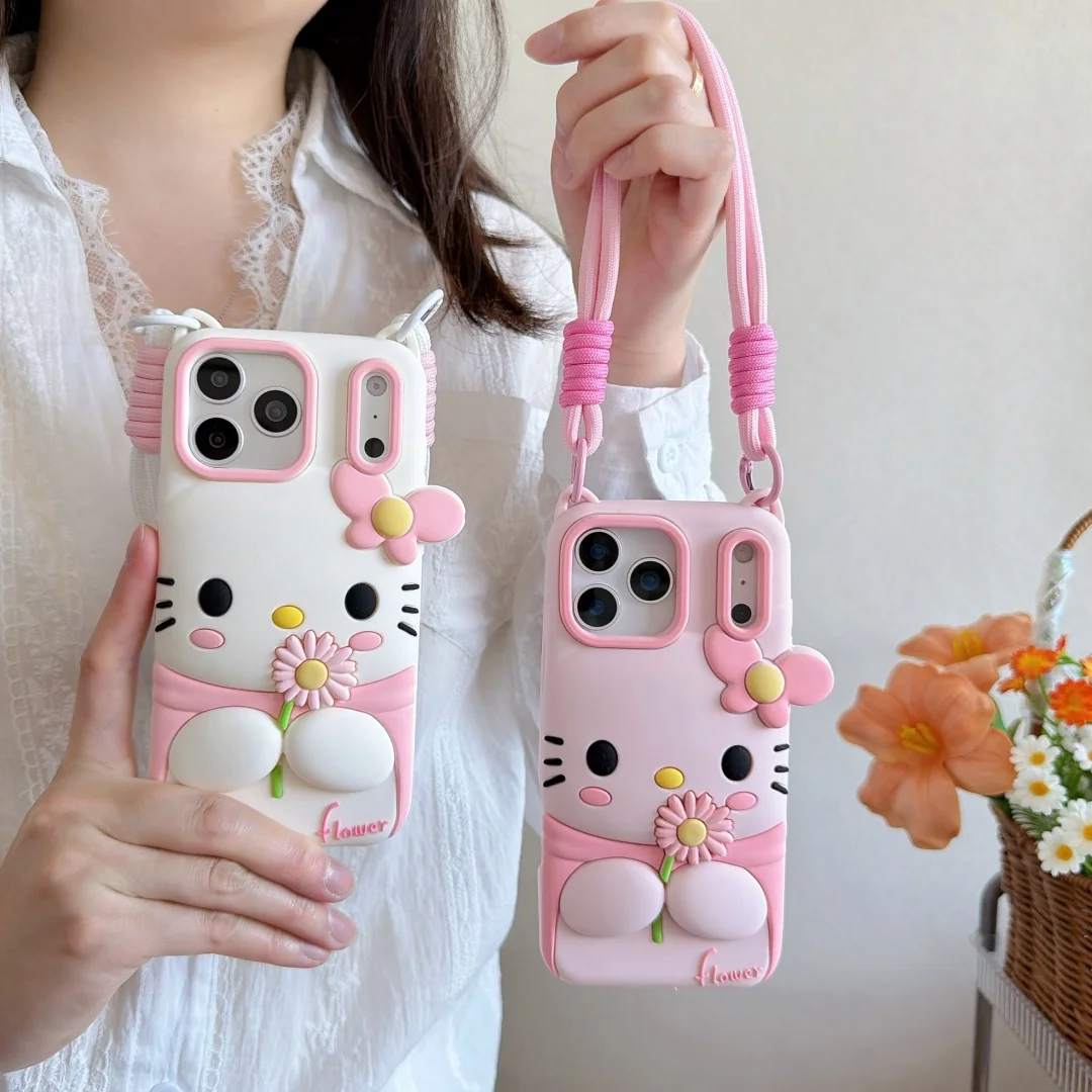 Cartoon 3D Blumen Hello Kitty Silikon Handyhülle für iPhone 17 16 15 14 13 12 Pro Max Plus Stoßfeste Weiche Hülle mit Schlaufe