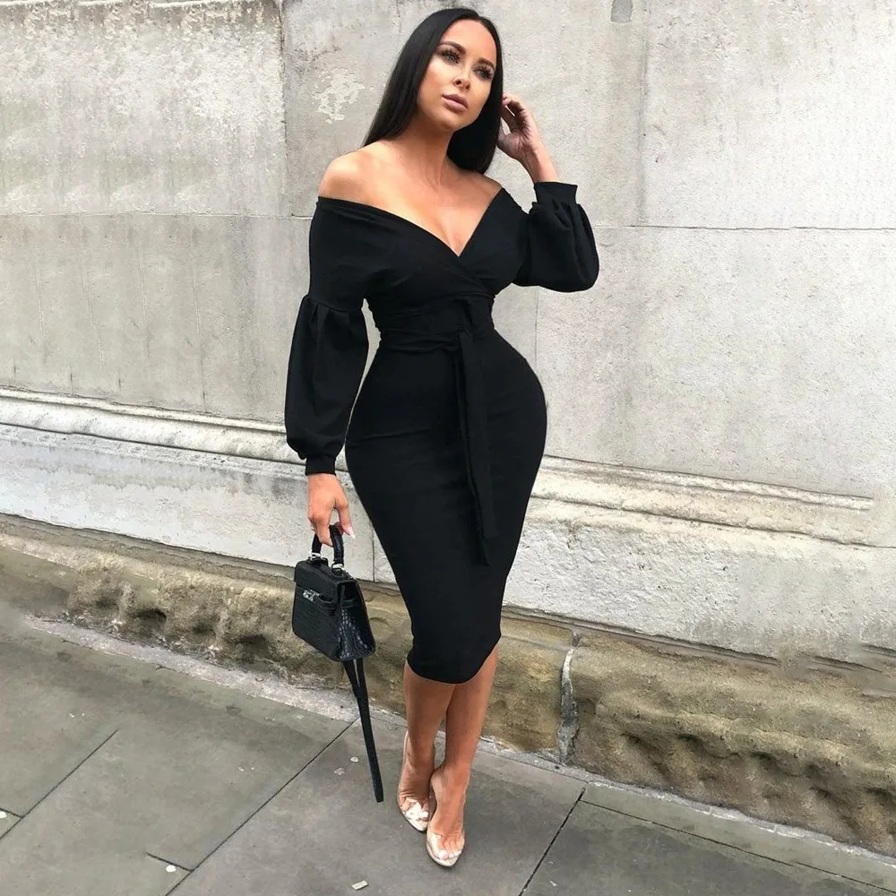 

New For Summer 2024 Sexy Elegant Lantern Sleeves Solid Color Tight V-neck Off Shoulder Dress Black Elegant Women's Dress