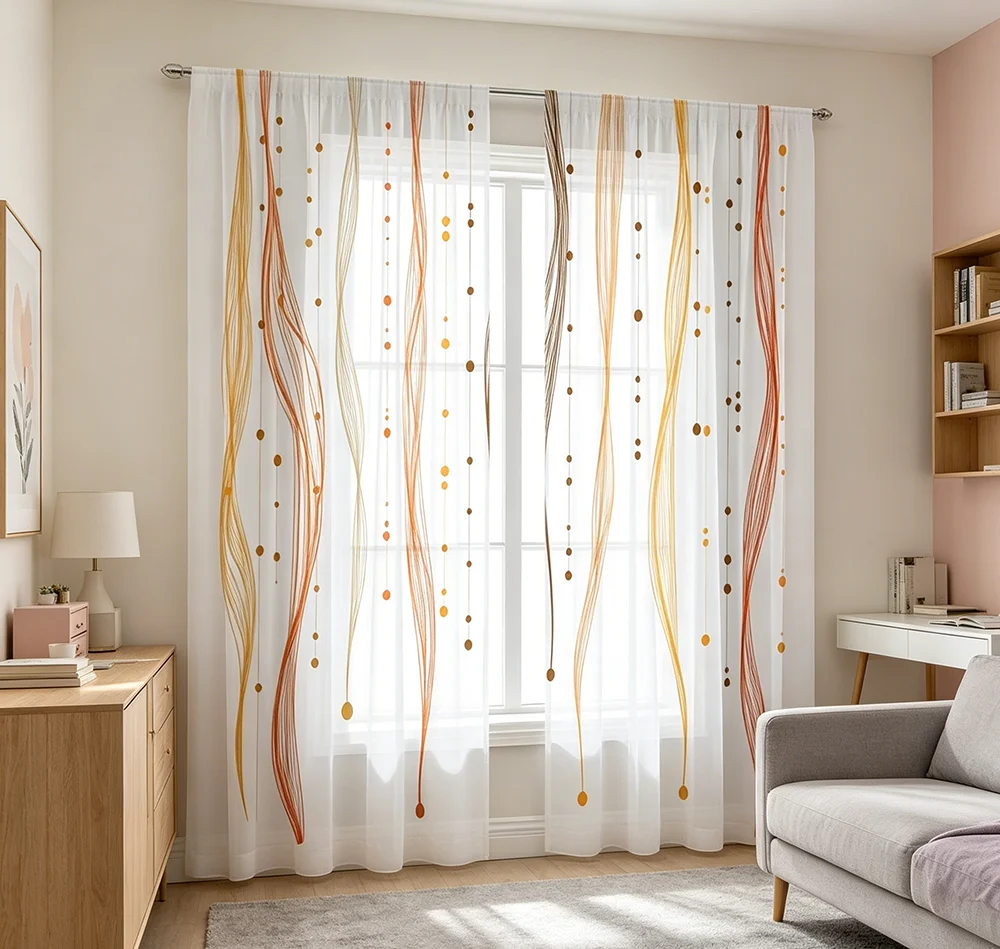 2PCS Digital Printed Sheer Curtain, Flowing Line Geometric, Modern Abstract Minimalist Art for Living Room Bedroom Home Decor