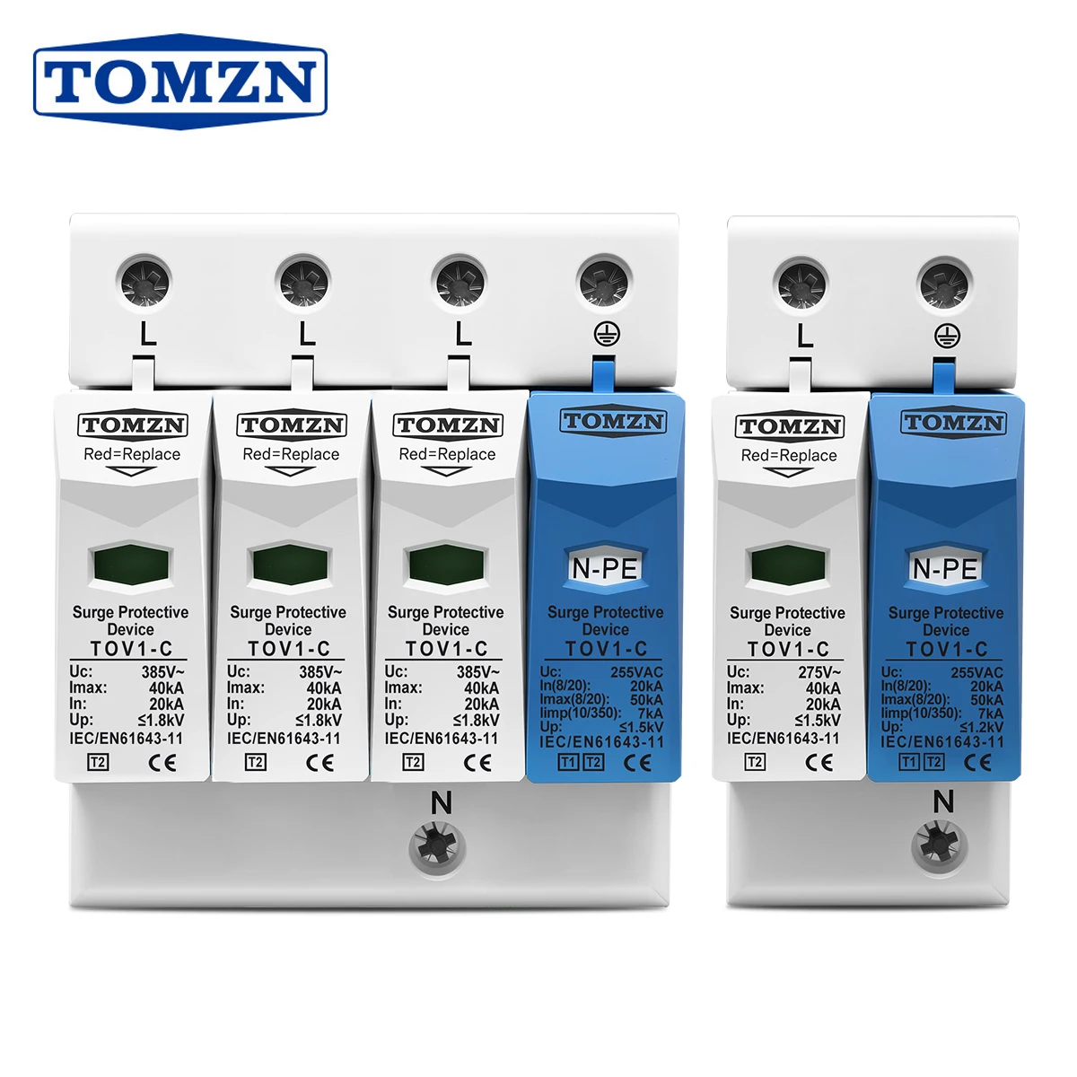 TOMZN AC SPD DIN Rail 1P+NPE 3P+NPE 50KA T1 T2 385V 255V House Hold Surge Protector Protective Low-voltage Arrester Device