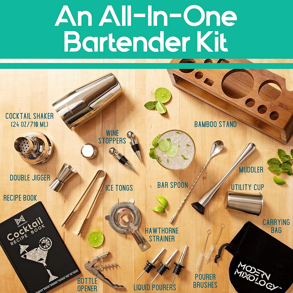 Bartender Kit 23-Piece Bar Set Cocktail Shaker Set With Bamboo Stand Home Bar Tools Bartender Tool Kit and Martini Drink Mixing