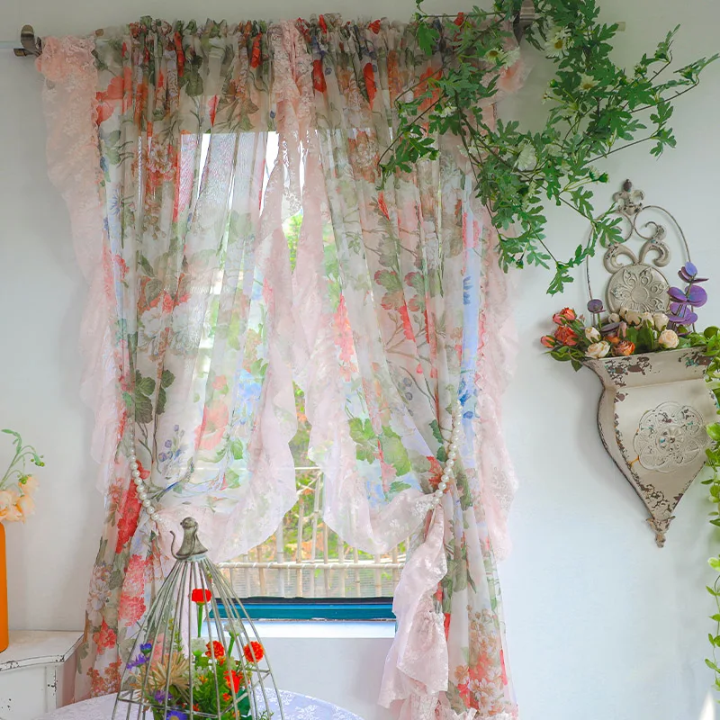 Pastoral Flowers Tulle with Pink Lace Ruffled Curtains for Bedroom,Romantic Retro Voile Window Drapes for Kitchen Decoration