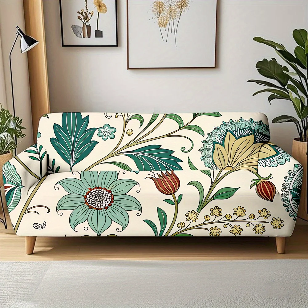 1 Stück Vintage Boho Botanischer Blumendruck Stretch-Sofabezug, Abnehmbarer Waschbarer Staubabweisender Couchüberwurf