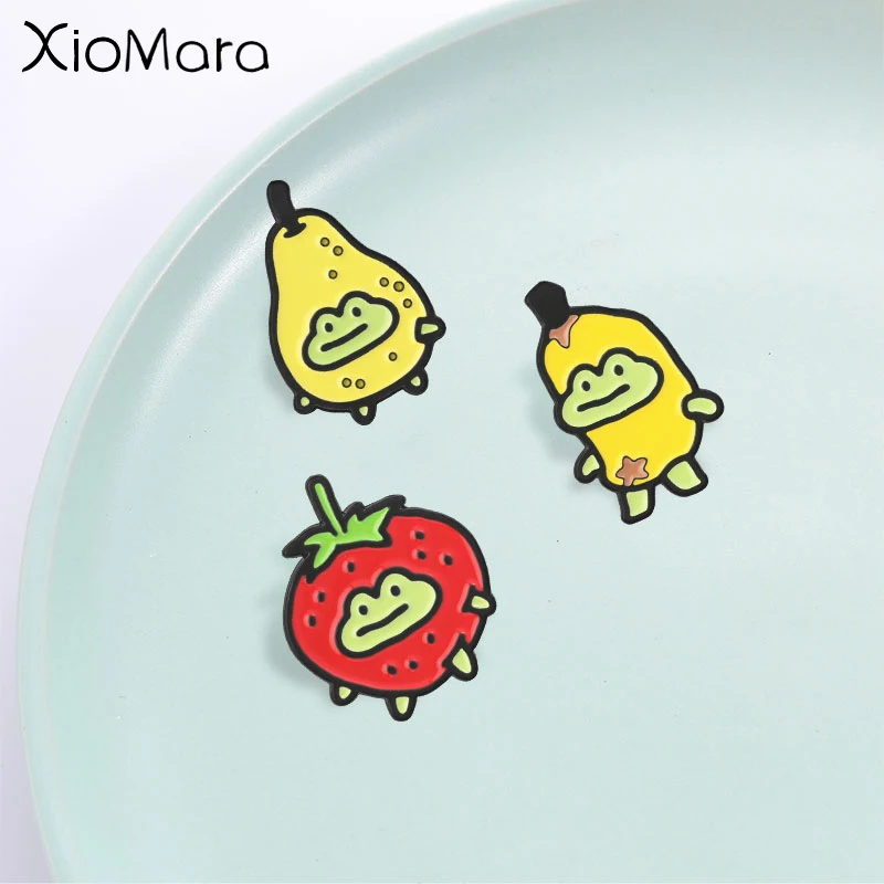 Cute Fruit Frog Enamel Pin, Strawberry Banana Pear Cartoon Frog Badges, Fashion Accessory, Gift for Cute Animal Lovers