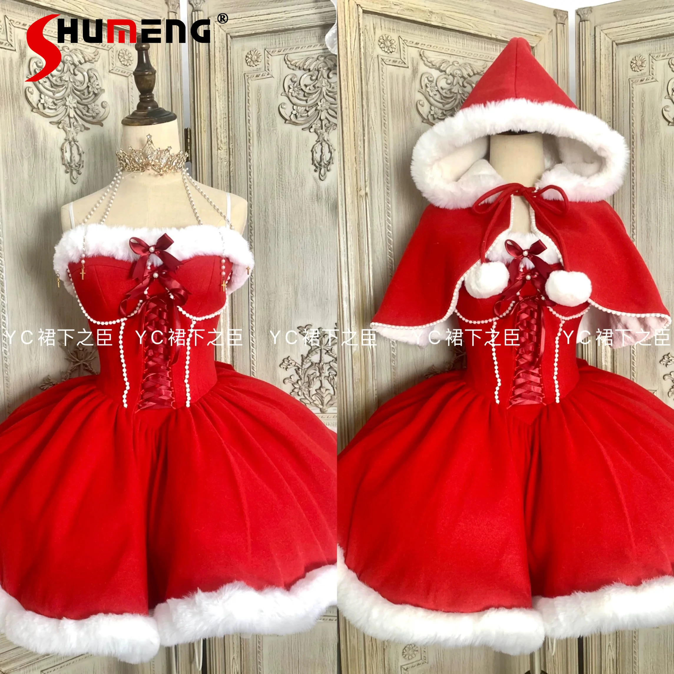 

Christmas Party Red Lolita Dress Cape Set Winter New 2025 Girls Women's Slim Fit Plush Warm Sweet Birthday Dress Princess Dress