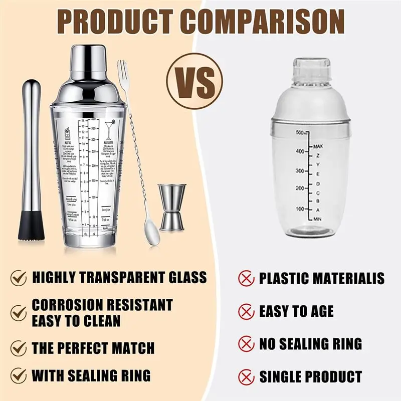 A93Z Glass Cocktail Shaker With Jigger 400Ml Stainless Steel Leak-Proof Lid Boston Design Bar Tool For Mixing Drinks