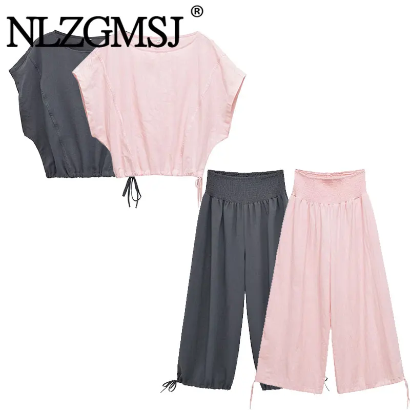 Nlzgmsj 2026 Summer Women's Casual Pink O Neck Batwing Sleeve Set Fashion Smocked Waist Wide Leg Harem Pants Daily Wear Outfit