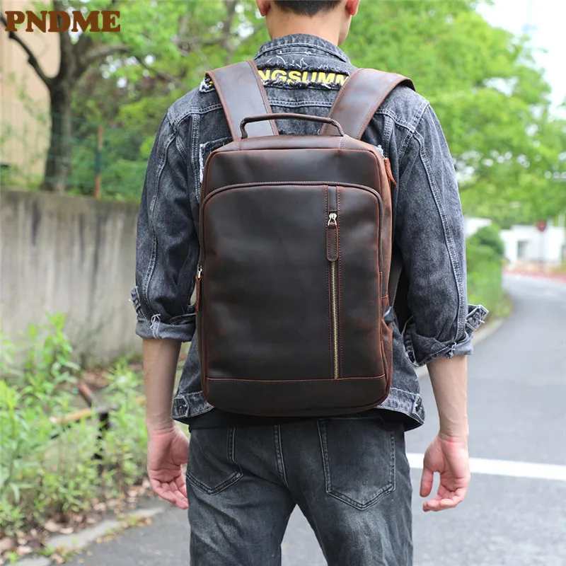 Vintage crazy horse cowhide men's backpack high quality luxury natural genuine leather outdoor travel laptop bagpack schoolbag
