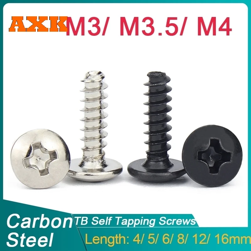 50/ 100pcs M3 M3.5 M4* L Steel Nickel/ Black Zinc Plated Phillips Truss Head (Cross Recessed Mushroom Head) Self Tapping Screw