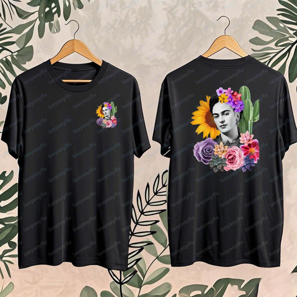 Frida Kahlo Floral Portrait Print T-Shirt Women Double Sided Cotton Tee Mexican Artist Casual Summer Short Sleeve Streetwear Top