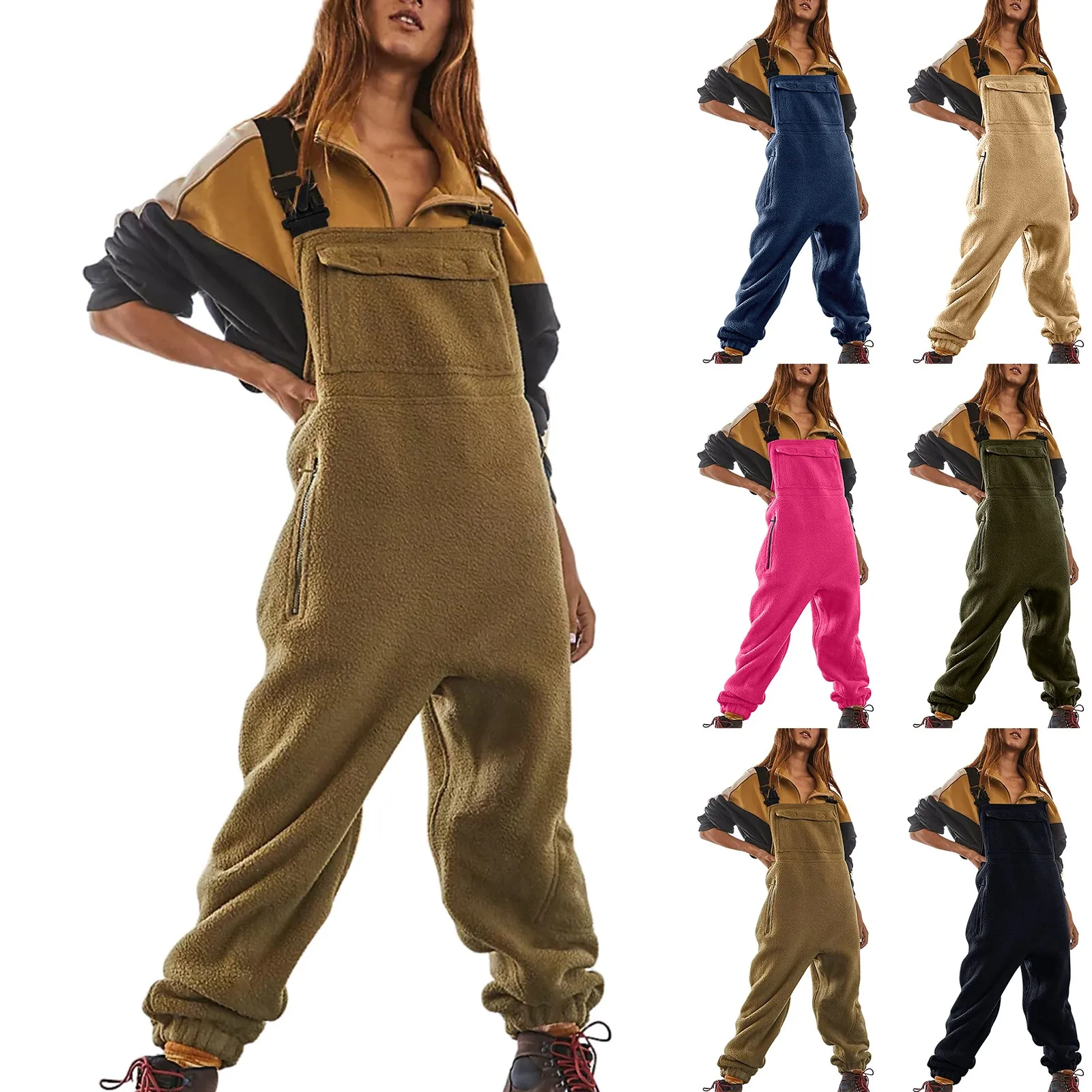 Womens Fleece Overalls One-piece Bibs Jumpsuits Adjustable Suspender Straps Warm Winter Fuzzy Ski Pants