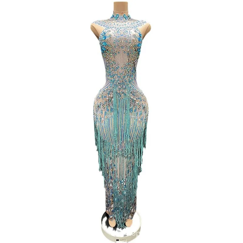 

Blue Enchantress Tassel Premium Beach Dress Seaside Vacation Cocktail Party Awards Presenter Evening Dress Vestidos Longos Festa