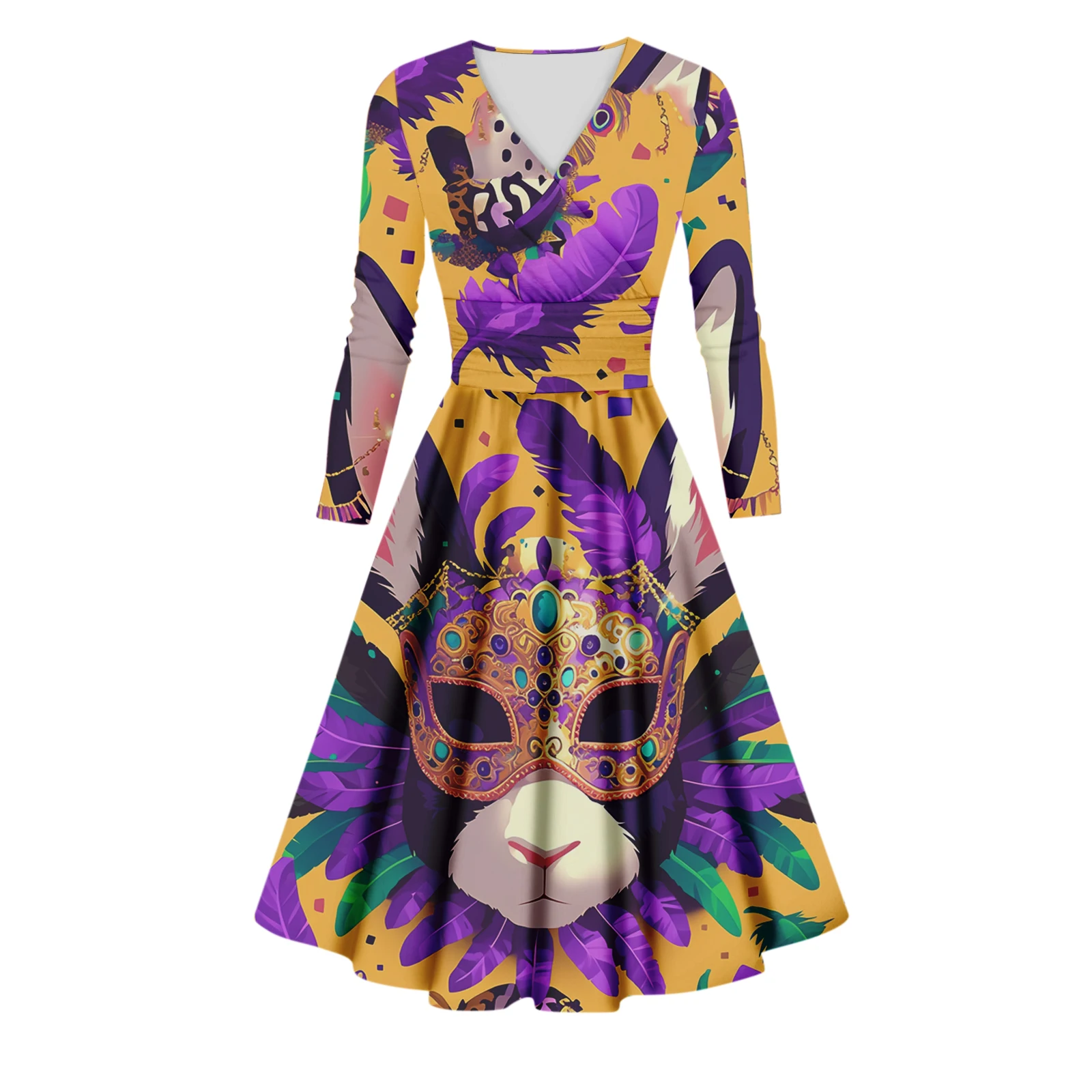 ชุดเดรสแม็กซี่พิมพ์ลายคาร์นิวัลชุดเดรสแฟชั่นลำลองของผู้หญิงแขนยาวคอวีชุดเดรสกระเป๋าเซ็กซี่สำหรับฤดูใบไม้ผลิและฤดูใบไม้ร่วงสวมใส่ทุกวัน