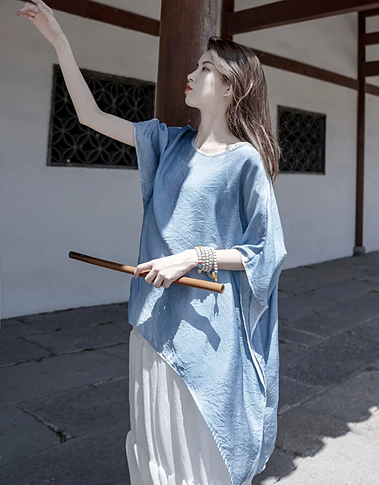 Imagem -05 - Umi Mao Estilo Chinês 2023 Verão Caseiro Spray-tingido Planta Tintura Blusa Azul Cinza Cabolsa Topo Manga Longa Camisa Feminina Femme