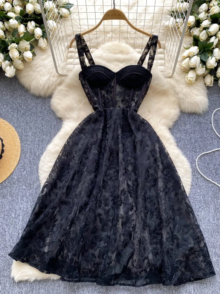 Women Sexy Hollow Out Party Club Embroidery Dress Ladies Formal Occasion Summer Fish Bone Splicing Strap Evening Vestidos Autumn