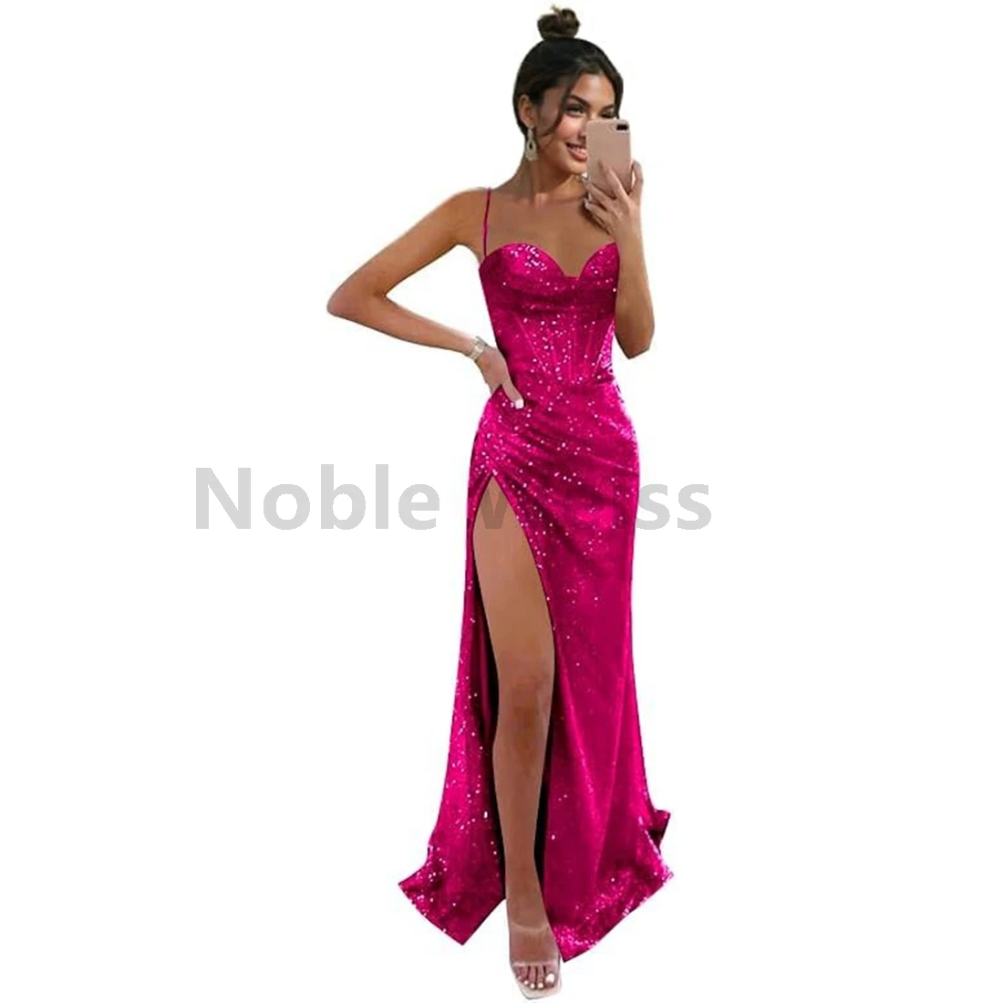 

Mermaid Prom Dresses for Women Spaghetti Straps Sequin Long Formal Evening Party Gown with Slit Customize