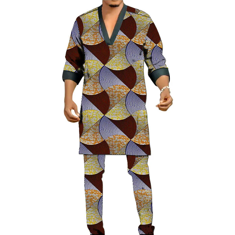 Three-Quarter Sleeve Shirt+Pant V-Neck Tops Black Collar And Cuffs African Print Men's Set Nigerian Fashion Party Outfits